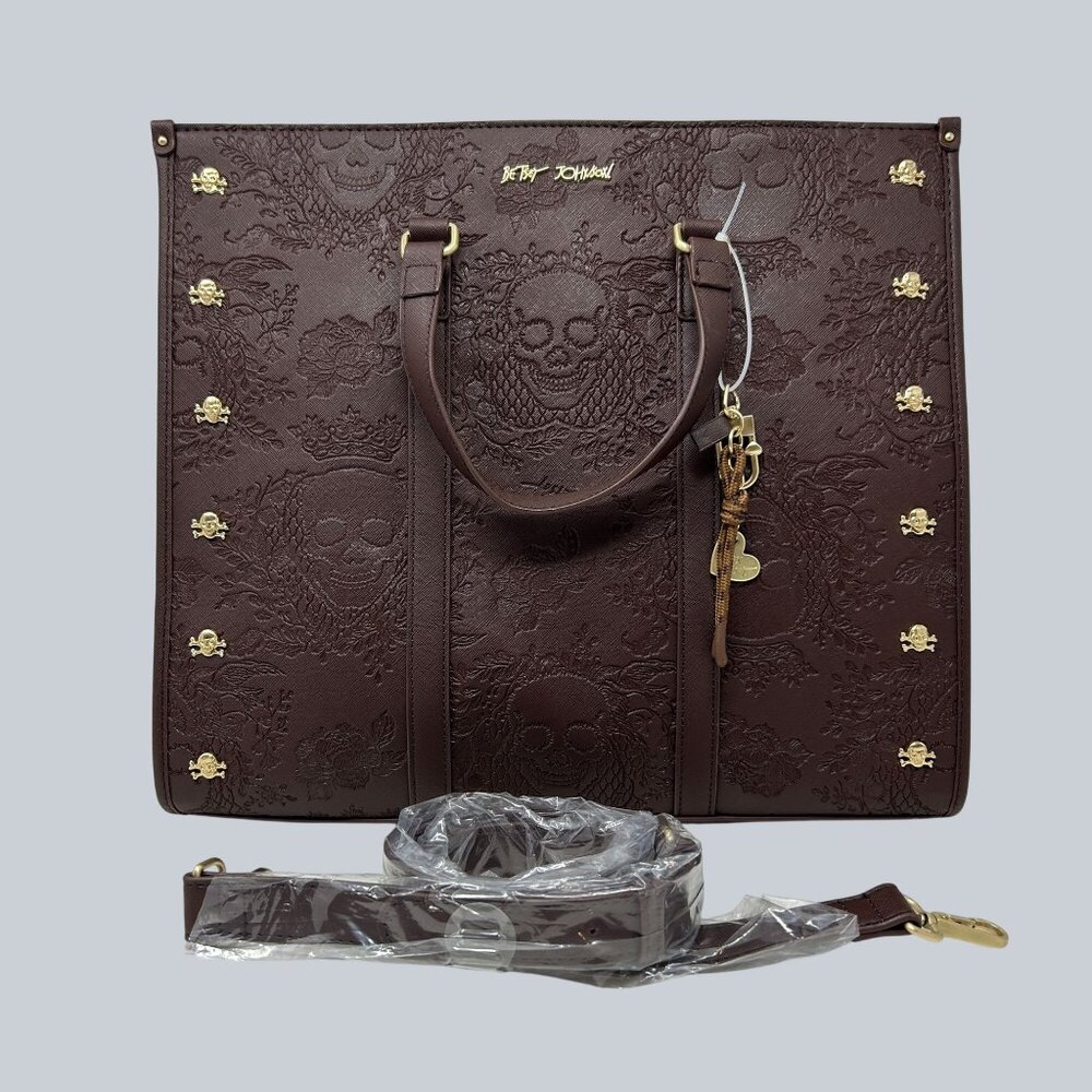 Betsey Johnson Brown Embossed Skull Tote Bag Gold Accents & Detachable Strap - Picture 1 of 12